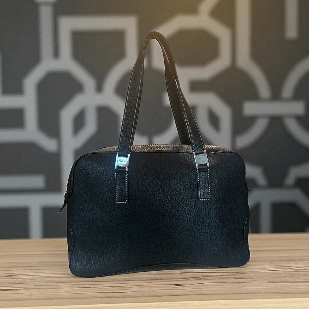 Salvatore Ferragamo Black Leather & Silver Hardware Tote Bag